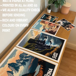 May include: Five different travel posters printed on heavyweight matte paper. The posters feature scenic landscapes from various locations, including Cape Verde, Cook Islands, Patagonia, Argentina, and the Cliffs of Moher. The posters are printed in vibrant colors and are ready to be framed.