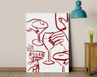 Drinks Wine Poster, Wall Art, Minimalist Poster, Illustration, Mid Century Modern Poster, Fashion, Kitchen Art, Risograph, Birthday