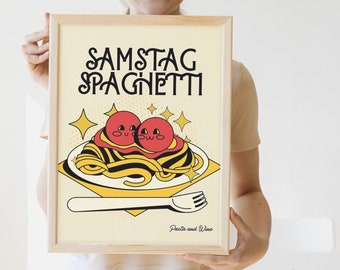 Saturday Spaghetti Wall Print, Retro Kitchen Wall Decor, Pasta Digital Download Print, Downloadable Prints, Large Printable Art - Vintage