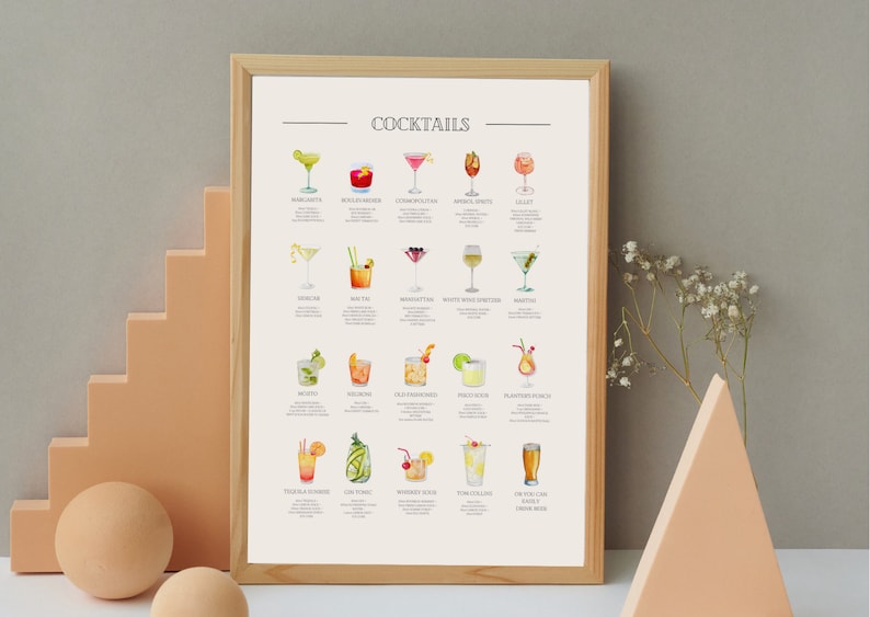 Classic Cocktails Print, Digital Art Download, Cocktail Guide, Essential Cocktail Bar Printable Art Poster, Digital File Download image 2