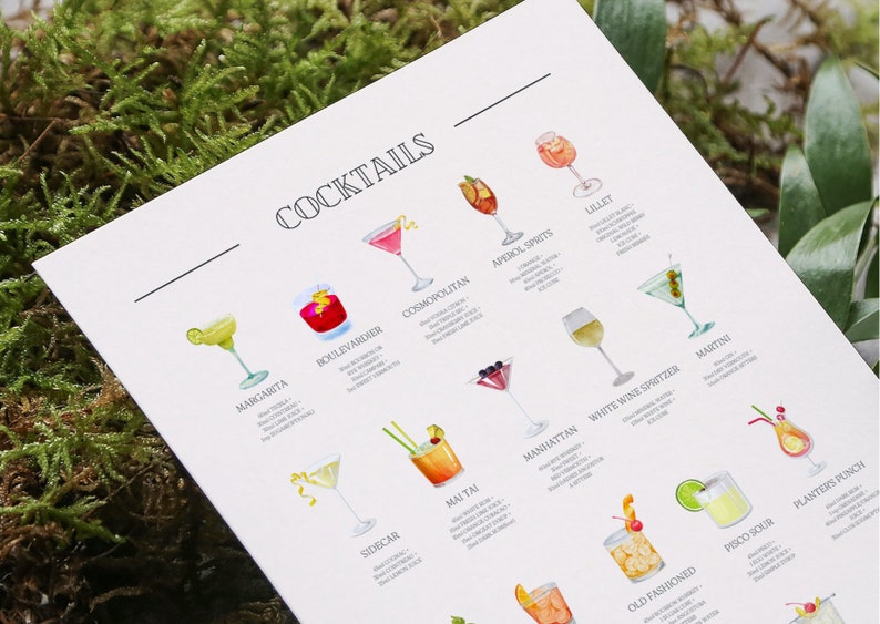 Classic Cocktails Print, Digital Art Download, Cocktail Guide, Essential Cocktail Bar Printable Art Poster, Digital File Download image 3