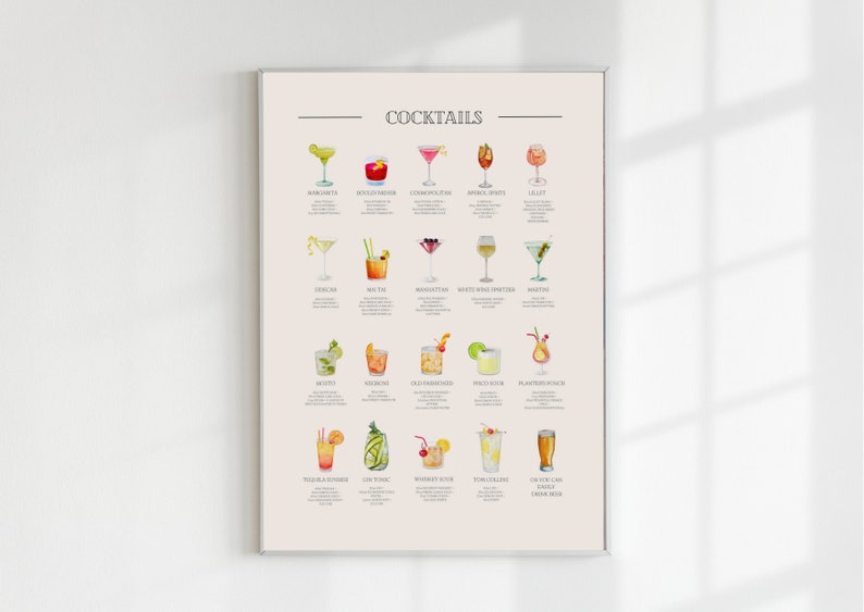 Classic Cocktails Print, Digital Art Download, Cocktail Guide, Essential Cocktail Bar Printable Art Poster, Digital File Download image 9