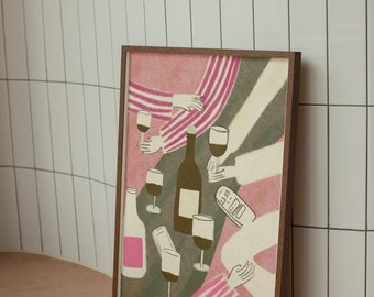 Pink Printable Wine Art Print, Wine illustration, Digital Download, Kitchen Art, Wall Decor, Wall Art, Kitchen Pastel Poster, New Home Gift
