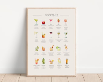Classic Cocktails Print, Digital Art Download, Cocktail Guide, Essential Cocktail Bar Printable Art Poster, Digital File Download, Essential