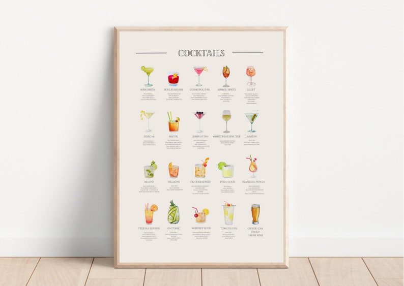 Classic Cocktails Print, Digital Art Download, Cocktail Guide, Essential Cocktail Bar Printable Art Poster, Digital File Download image 1