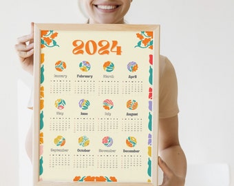 2024 Calendar Flowers Colorful | 12 Month Hanging Calendar| Abstract Art Calendar | A4 Wall Calendar | US Letter Calendar
