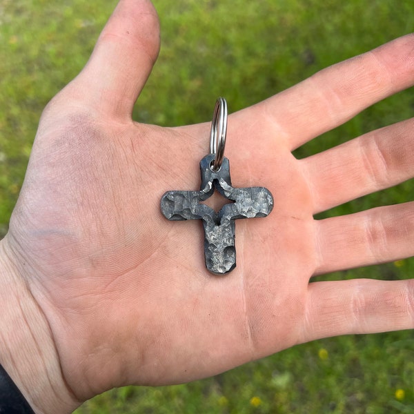 Hand Forged Split Cross keychain -- Catholic Man gift