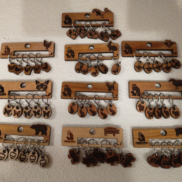 Animal Silhouette Wooden Stitch Markers with Holder