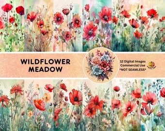 Könnte beinhalten: Eine digitale Collage aus 12 Aquarellbildern mit roten Mohnblumen und anderen Wildblumen in einer Wiesenlandschaft. Die Bilder sind nicht nahtlos und für kommerzielle Zwecke bestimmt. "Wildflower Meadow" steht in schwarzer Schrift auf einem pfirsichfarbenen Hintergrund.