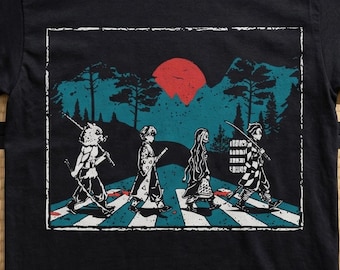 Japanese Anime Parody Graphic Tee Retro Samurai Road Crossing T-Shirt Streetwear Classic Abbey Road Style Anime Shirt Cotton Unisex Shirt