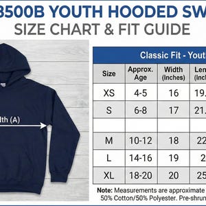 May include: Navy blue youth hooded sweatshirt with a size chart and fit guide. The chart shows measurements in inches and centimeters for sizes XS to XL. The sweatshirt is 50% cotton and 50% polyester.
