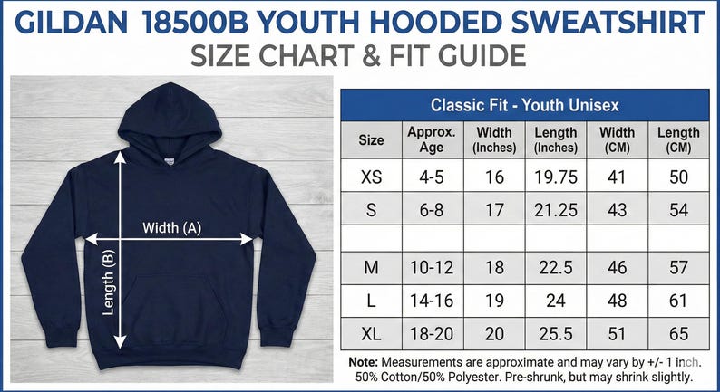 May include: Navy blue youth hooded sweatshirt with a size chart and fit guide. The chart shows measurements in inches and centimeters for sizes XS to XL. The sweatshirt is 50% cotton and 50% polyester.
