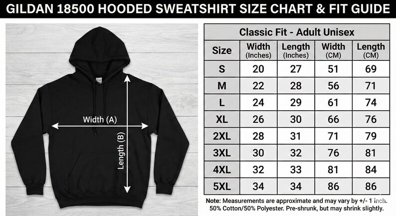 May include: Black Gildan 18500 hooded sweatshirt with a size chart. The chart shows measurements in inches and centimeters for adult unisex sizes S to 5XL. The width ranges from 20 to 34 inches, and the length from 27 to 34 inches.