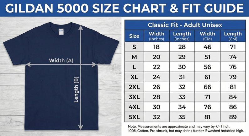 May include: Navy blue Gildan 5000 t-shirt with size chart and fit guide. The chart shows measurements in inches for width and length, ranging from 18" to 32" width and 28" to 35" length. The shirt is 100% cotton.