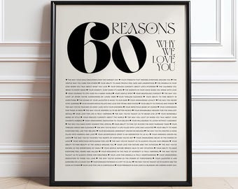 Op de afbeelding: Een zwartgelijste print met de tekst "60 Redenen Waarom We Van Je Houden". Het getal 60 is groot en vetgedrukt. De print bevat een lijst met redenen en de woorden "Direct downloaden" en "Bewerkbaar in Canva".