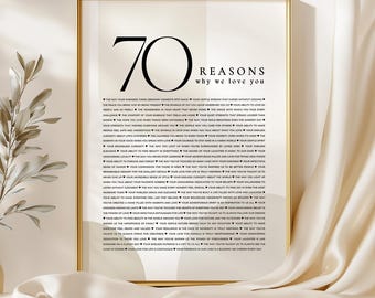 Op de afbeelding: Een ingelijste print met een gouden rand toont het zwarte getal 70, met daarboven de tekst "Redenen waarom we van je houden". Daaronder staat een lijst met redenen. De onderkant van de print bevat de tekst "Direct downloaden" en "Bewerkbaar in Canva".