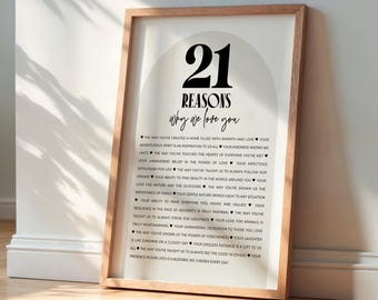 Impression modifiable 21 raisons pour lesquelles nous vous aimons, affiche moderne du 21e anniversaire, cadeau d'anniversaire sentimental, modifiable avec Canva