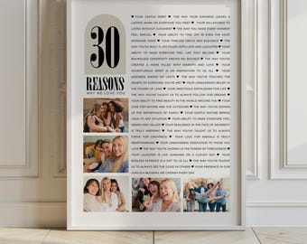 Póster "30 razones por las que te queremos" - Letrero para 30 cumpleaños, plantilla editable de Canva, añade tus fotos, regalo sentimental, descarga instantánea