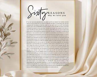 Op de afbeelding: Een ingelijste print met de tekst "Sixty Reasons Why We Love You". De print bevat een lijst van zestig redenen in kleine letters. Het ontwerp heeft een neutraal kleurenpalet, ideaal voor interieurdecoratie.