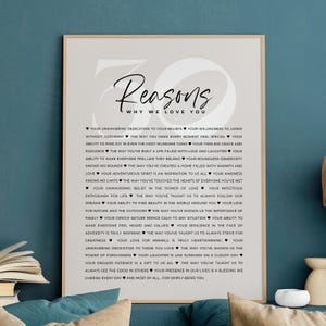 Può includere: Una stampa incorniciata con la parola "Reasons" in un elegante carattere, seguita da "Why We Love You". La stampa elenca numerose ragioni in un carattere semplice su sfondo bianco. Il tema è l'amore e l'apprezzamento, ideale per un regalo.