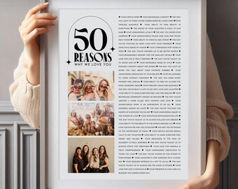 50 Reasons Why We Love You, Editable Poster Template with Canva, 50th Birthday Gift for Her or Him, Printable Sentimental Wall Art