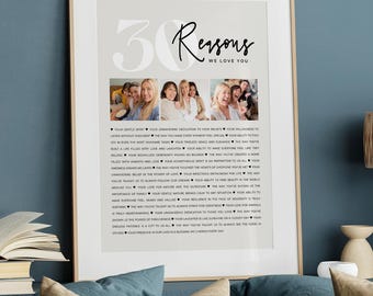 30 razones por las que te queremos: póster con foto de 30 cumpleaños, editable en Canva, regalo imprimible con sentimiento, descarga instantánea
