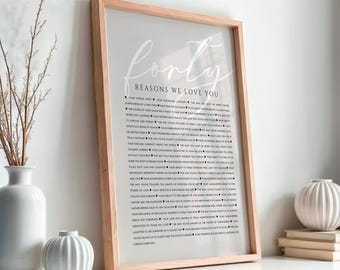 Póster "40 razones por las que te queremos" - Plantilla editable de Canva, cartel para celebrar tu 40.º cumpleaños, descarga instantánea