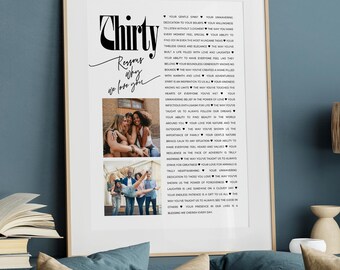 Impresión editable de "Treinta razones por las que te amamos", póster de regalo para 30 cumpleaños, plantilla de letrero de cumpleaños sentimental, editable con Canva