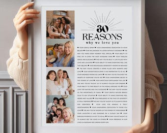 30 Reasons We Love You – 30th Birthday Photo Poster, Canva Editable Template, Add Your Pictures, Sentimental Printable, Instant Download