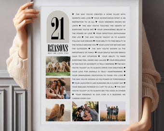 Affiche 21 raisons pour lesquelles nous t'aimons - Panneau du 21e anniversaire, modèle modifiable sur toile, ajoutez vos photos, cadeau sentimental, téléchargement immédiat