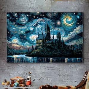 Magic Wizard School Castle Scottish Starry Night Digital Oil Painting Academy Witch Canvas Wall Art Print Flowers Alnwick Mountain Aesthetic