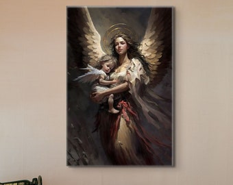 Beautiful Holy Angel Saving Child Painting Canvas Wall Art Print  Ready to Hang Aesthetic Design Religious Christian