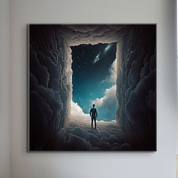 Man at The Edge Of the Sky Surrealism Surreal Emotional Digital Oil Painting Canvas Wall Art Print Portrait Decoration Aesthetic Design Epic