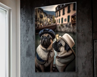 Cute Adorable Pet Pugs on a Date in France Picture Painting Canvas Wall Art Print Portrait Decoration Aesthetic Design Animals Pets Dog
