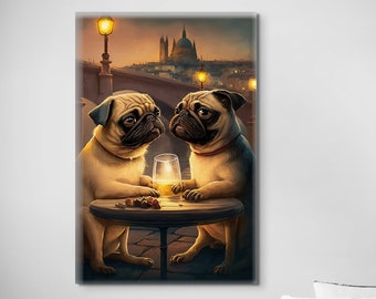 Sweet Cute Pugs on a Date in Prague Czechia Czech Republic Oil Painting Canvas Wall Art Print Portrait Aesthetic Animals Pets Dog