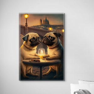 Sweet Cute Pugs on a Date in Prague Czechia Czech Republic Oil Painting Canvas Wall Art Print Portrait Aesthetic Animals Pets Dog