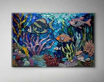 Fish and Ocean Undersea Life Coral Reef Digital Stained Glass Mosaic Art Canvas Wall Art Print Decoration Design Nautical Lake Summer Office