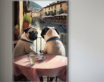 Pugs on a Date in Annecy France Oil Painting Cute Canvas Wall Art Print Beautiful European City Landscape Decor