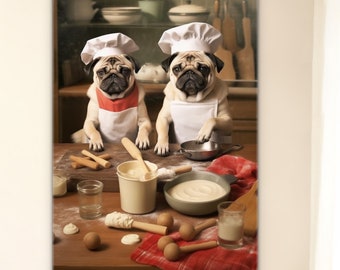 Cute Cooking Pugs Making Baking Italian Food Pug Owner Lover Art Canvas Ready To Hang Interior Design Decor Pet Pets Dog Dogs Art