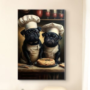 Black Pugs Cooking Baking Food Dinner Kitchen Oil Painting Canvas Wall Dining Room Art Print Adorable Sweet Cozy Tasty Lunch Breakfast