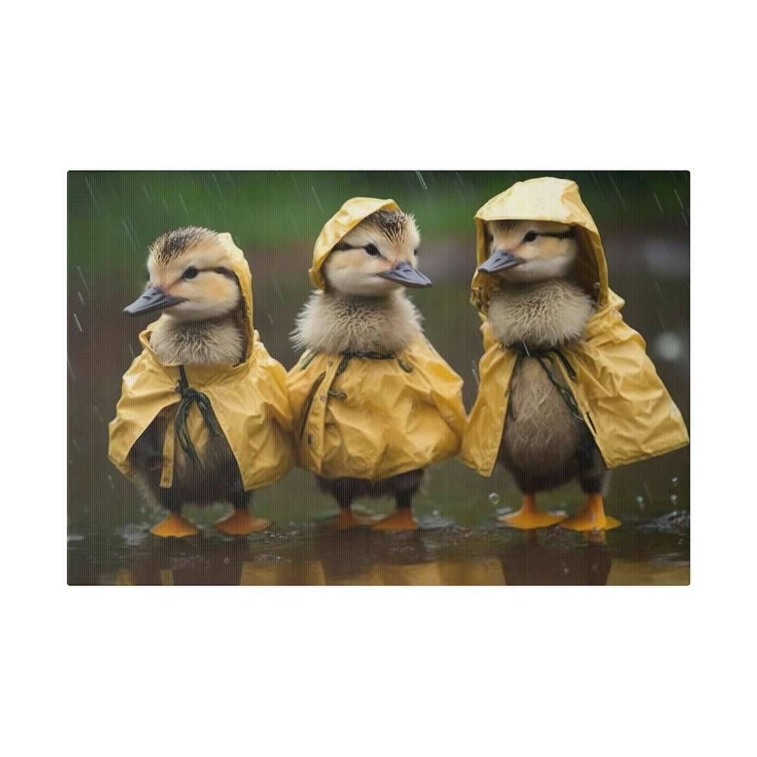 Cute Ducklings Wearing Raincoats Duck Art Canvas Digital Image Canvas