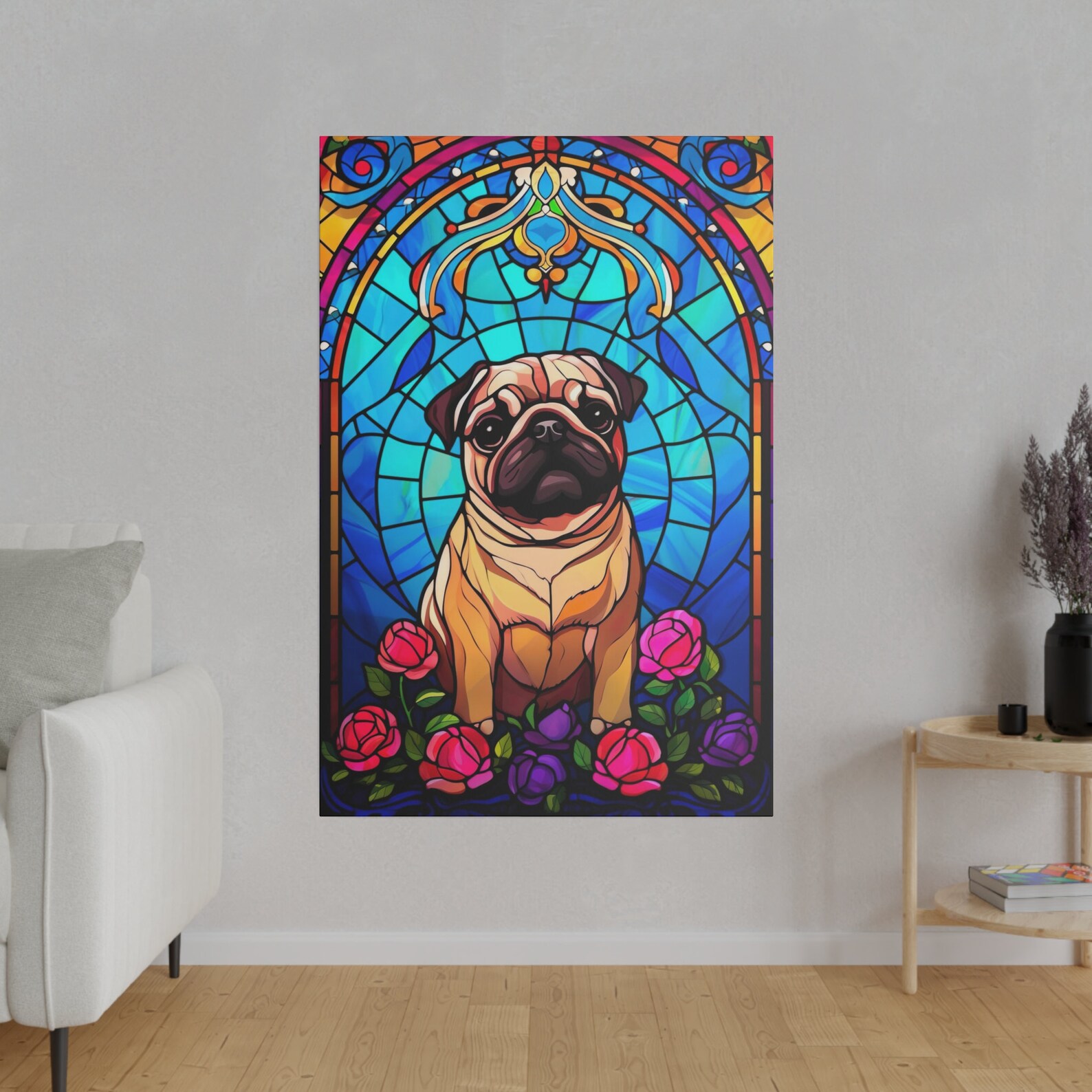 Stained Glass Style Pug Canvas Digital Print Ready to Hang