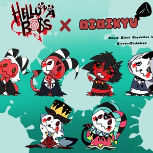 May include: Six colorful cartoon characters from the show "Helluva Boss" are depicted in a Mimikyu style. The characters are all wearing different outfits and have different expressions. The text "Helluva Boss x Mimikyu" is written at the top of the image. The text "Single Sided Keychains by ElectroJackalope" is written at the bottom of the image.