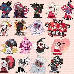 Könnte beinhalten: Eine digitale Collage mit 16 Comicfiguren, die jeweils einen einzigartigen Ausdruck und ein Outfit haben. Die Figuren haben einen ähnlichen Stil mit großen Augen und übertriebenen Merkmalen. Der Hintergrund ist hellrosa mit einem sich wiederholenden Muster der Wörter "ELECTROJACKALOPE".