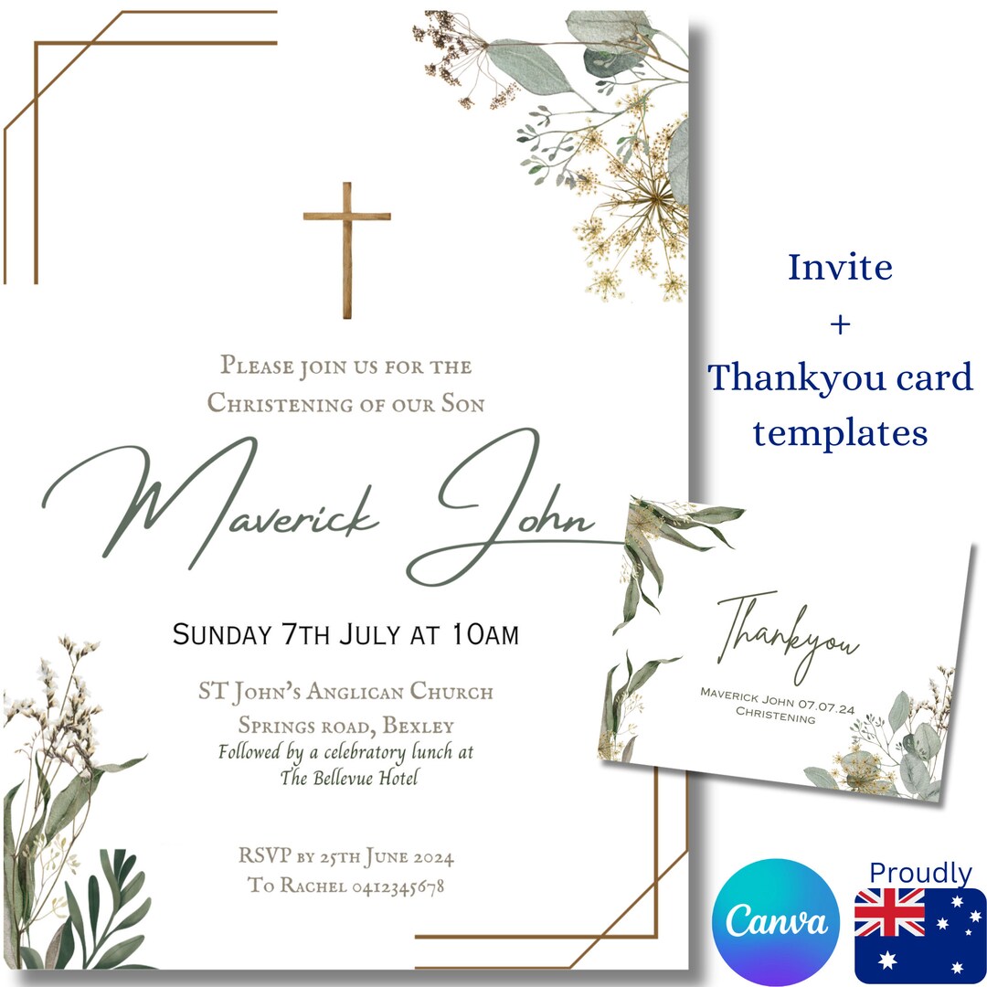 Christening / Baptism Invitation and Thankyou Card, Editable