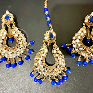 Tikka and Earrings Set - Royal Blue - Indian Jewelry - Pakistani Jewelry - Punjabi Jewelry