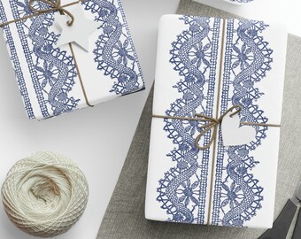 Blue Wrapping Paper, Blue Wedding Gift Wrap, Lace Crochet Pattern Gift Wrap for Weddings, Birthdays, Holidays and Christmas