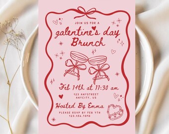 Szablon zaproszenia na brunch z okazji Galentynek, edytowalne zaproszenie na imprezę walentynkową, rysowane ręcznie