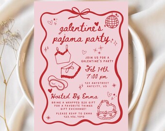 Szablon zaproszenia na imprezę piżamową z okazji Galentynek, zaproszenie na wieczór panieński z okazji Walentynek, ręcznie rysowane wzory Galentines do druku