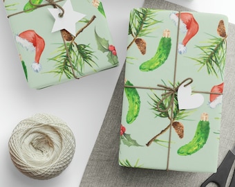 Wrapping Paper, Christmas Pickles and Santa Hats, Pickle Gifts, Holiday Gift Wrap